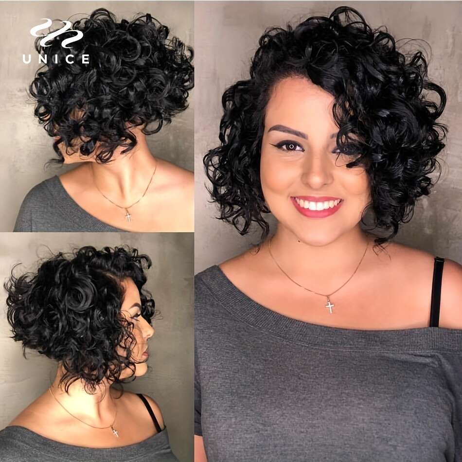 Unice Short Loose Curly Brazilian Bouncy Waves Pixie Cut Fluffy Curls Bob Wig For Women Human Hair Wigs