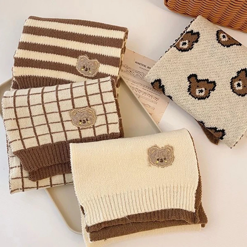 Cute Plaid Striped Bear Kids Scarf Korean Knitted Winter Warm Scarves Children Girl Boys Outdoor Coldproof Neckcheif Shawl 251027