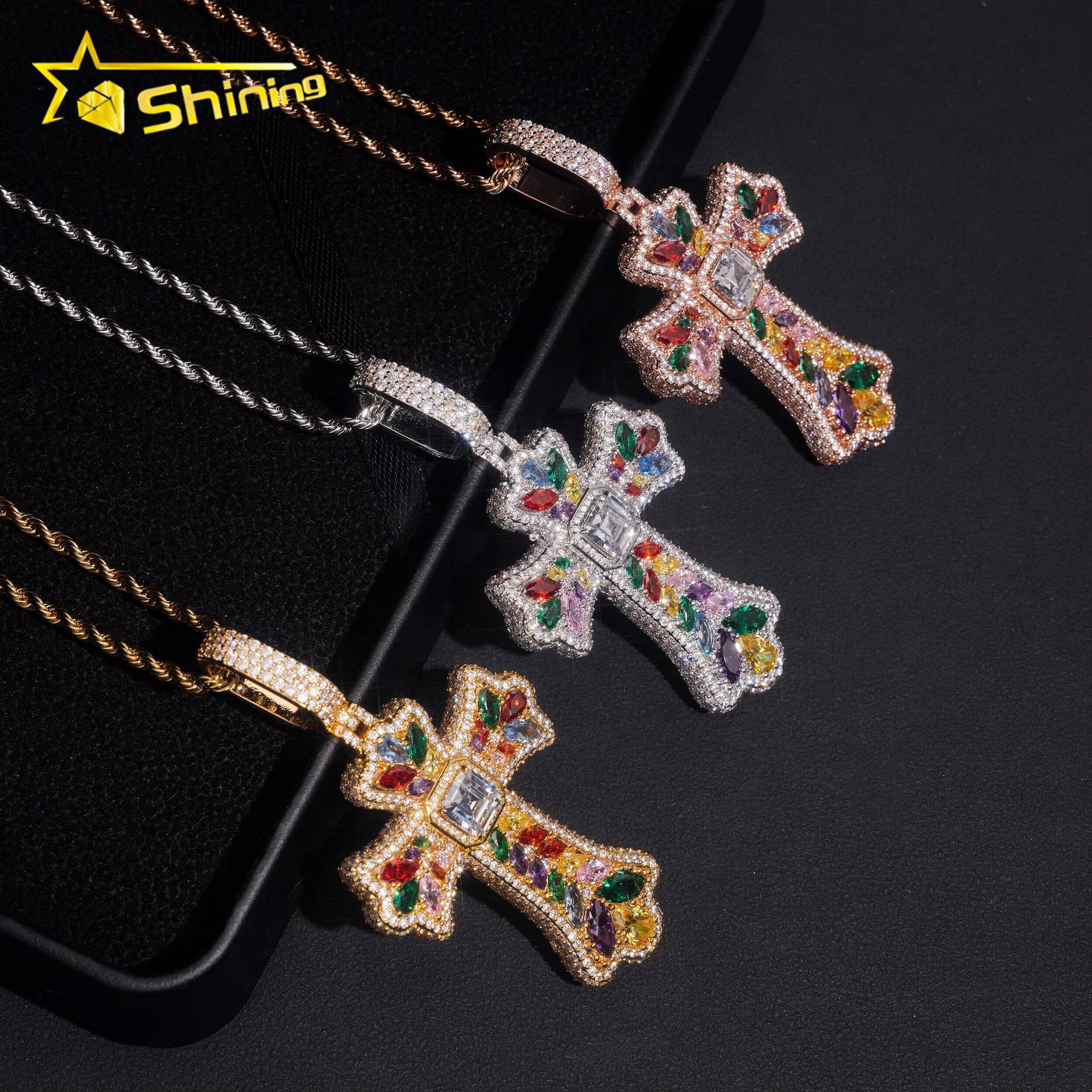 Fashion Hip Hop Pendant Jewelry Men Women Brass Iced Out Moissanite Diamond Cross Pendant Necklace Daily Wear