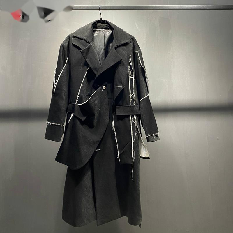 Men's Trench Coats PFHQ Wornout Edge Color Contrast Mens Long Coat Trench High Quality 2023 Elegant Stylish Jacket Windbreaker Free Shipping