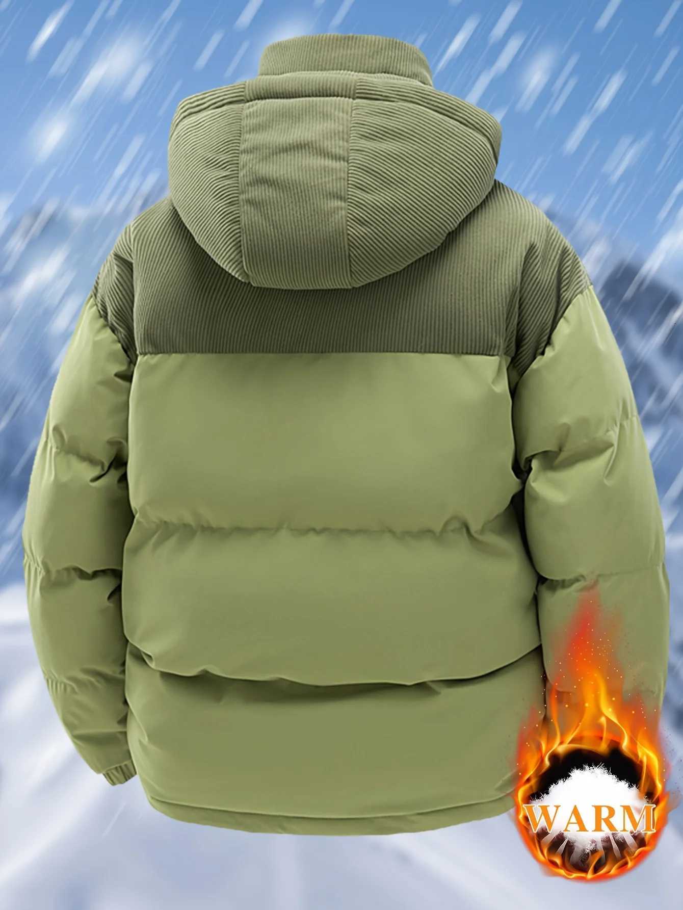 MenS Heavy-Duty Winter Jacket - Full-Zip Hooded Coat with Zippered Pockets Non-Stretch Fabric for Cold WeatherT251107