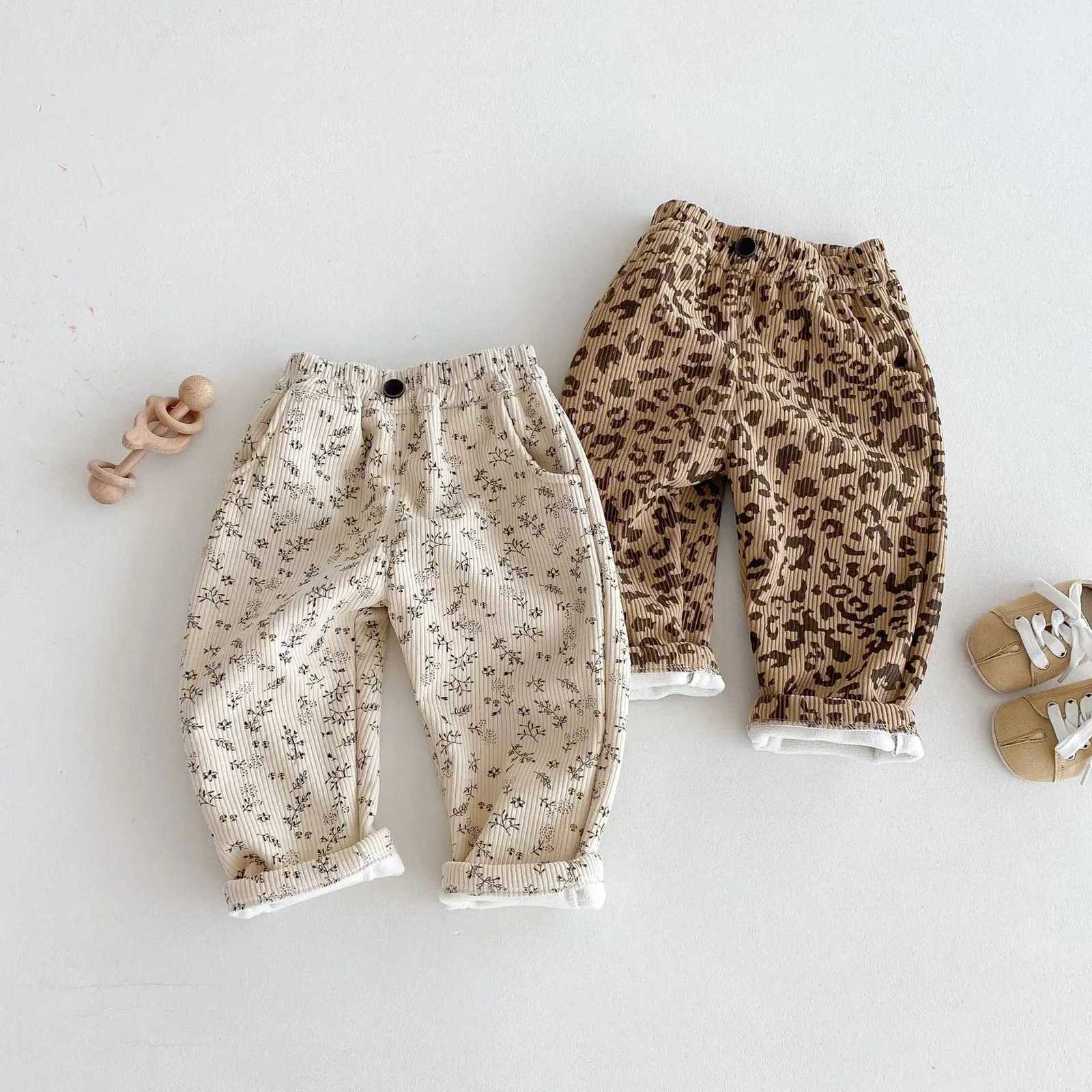 Korean Childrens Clothes 2025 Winter Pants Kids Corduroy Floral Print Fleece Lined 05Y Baby Boys Girls Warm Winter TrousersT251027