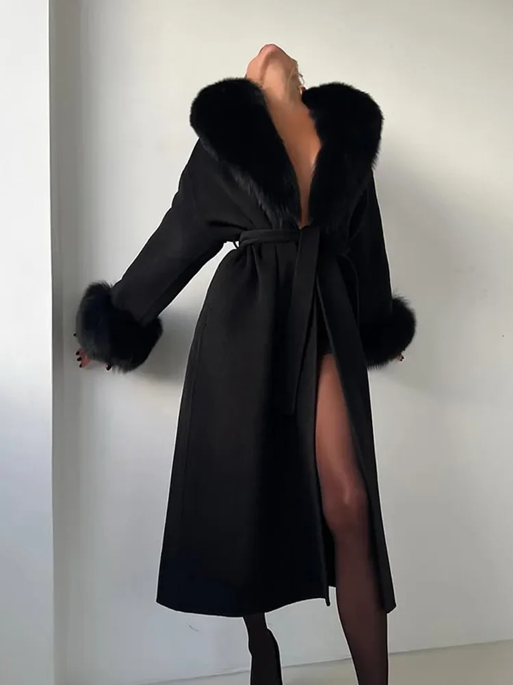 Women Fur Collar Patchwork Woolen Coat Chic Full Sleeve Vneck Lace Up Loose Long Coats Autumn Lady Commute Jacket 251024