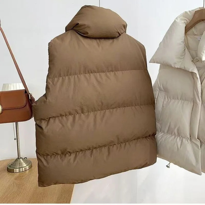 Women Winter Warm Thicken Padded Vest Fashion Zipper Loose Waistcoat Female Casual Stand Collar Solid Sleeveless Overcoats 251027