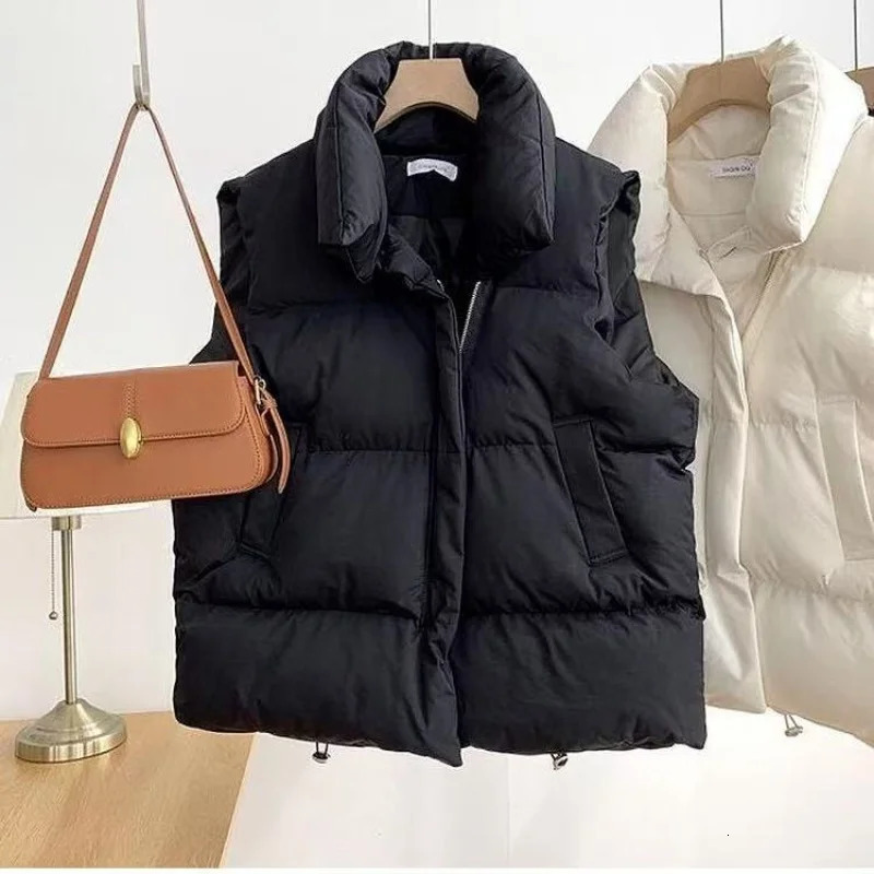 Women Winter Warm Thicken Padded Vest Fashion Zipper Loose Waistcoat Female Casual Stand Collar Solid Sleeveless Overcoats 251027