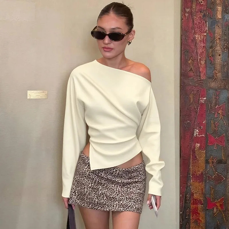 Talenza Women Casual Top Fashion Slim Slit Long Sleeve Pullover Top Sexy Strapless Pleated Party Looks Top Female Streetwear 251027