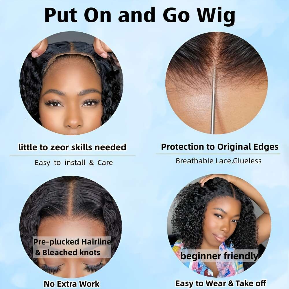 Throw On Go Wigs Human - Pre Plucked & Cut 4X4 HD Lace Closure Curly Wave Bob Wig No Glue Needed, Adjustable Anti-Slip Cap 150% Density Brazilian Virg