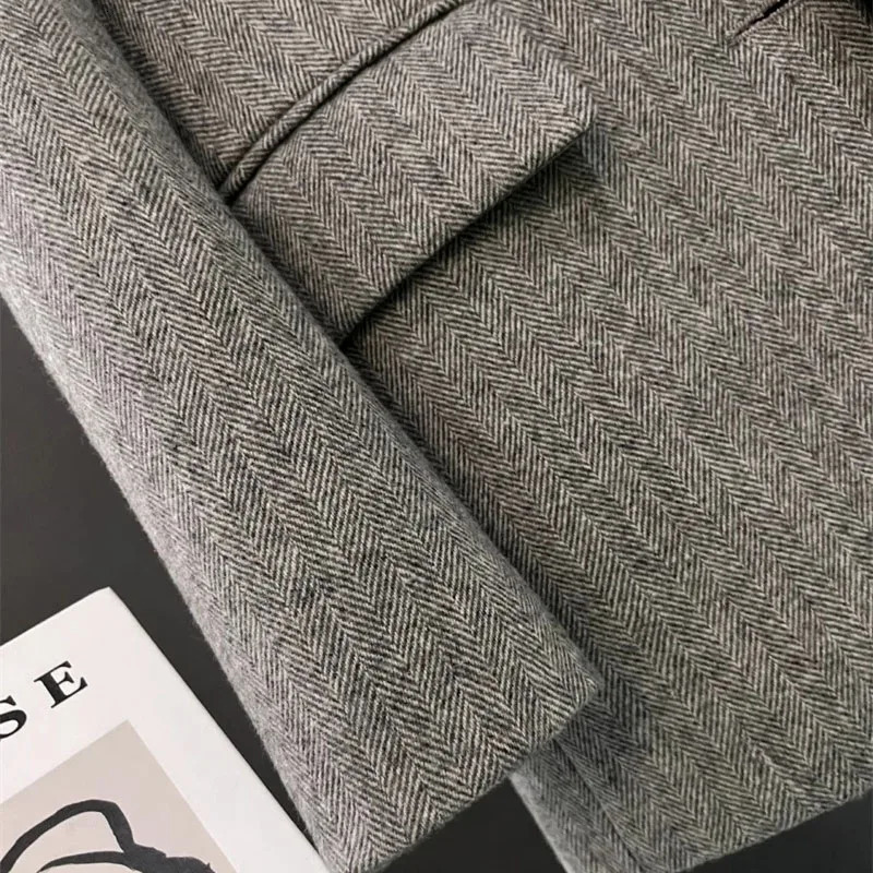 High Quality Grey Herringbone Women Woolen Blazers Coat Casual Top Office Wool Singlebreasted Suit Jacket Autumn Winter 251027