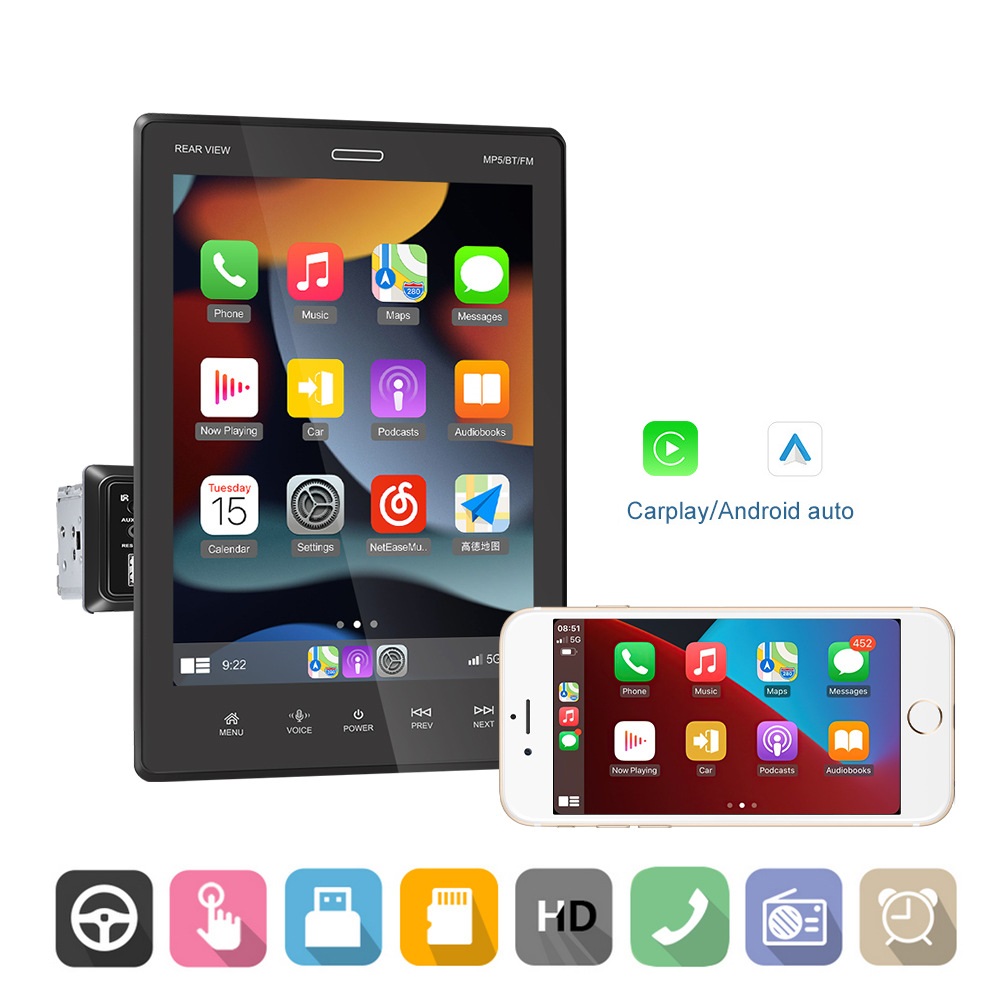 9.5 inch MP5 Vertical Screen Telescopic Car Stereo CarPlay Player Android Auto MP5 Player Mirror Link With Rearview Camera