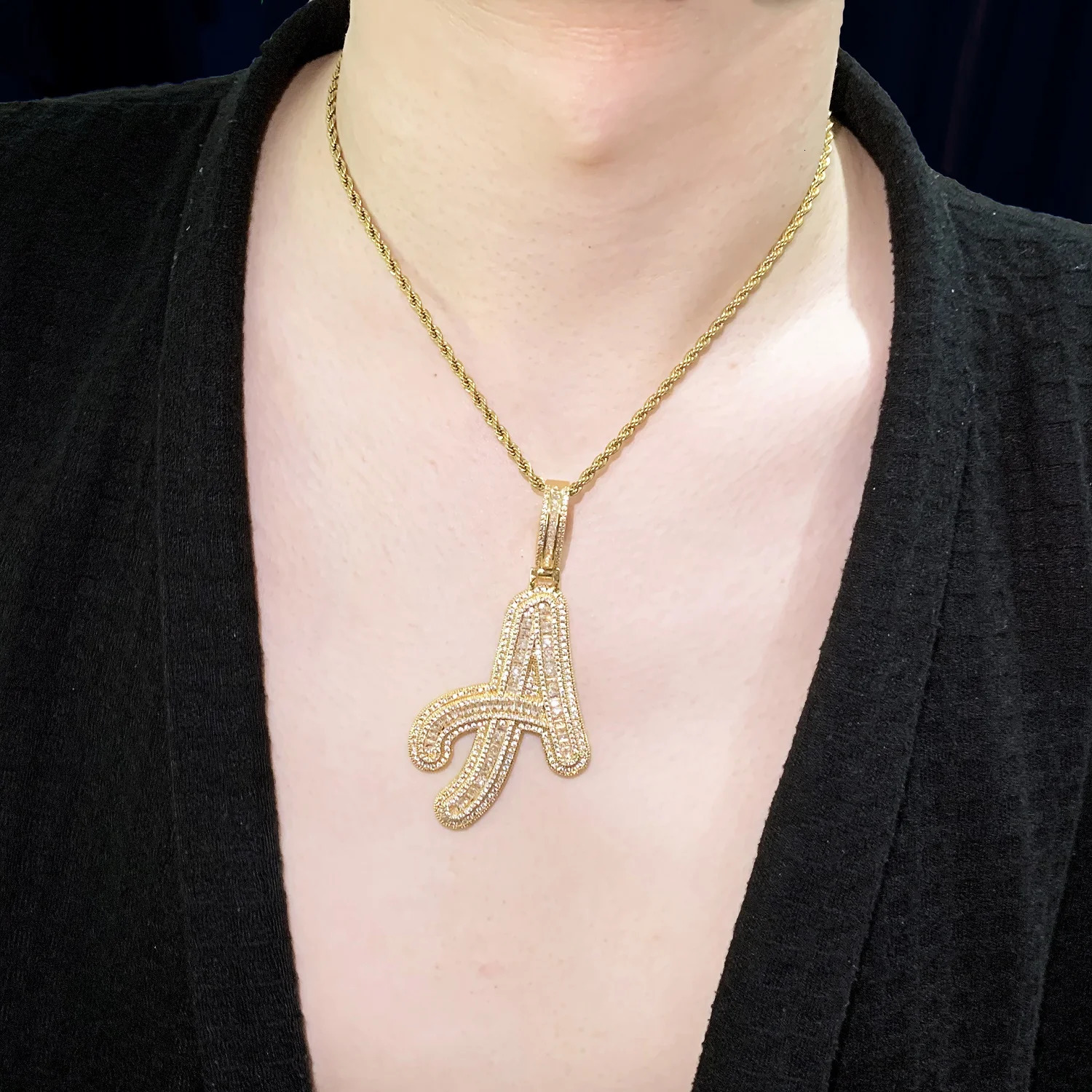 CUC Initials Baguette Cursive Letter Pendant Necklace For Men Women Iced Out Hip Hop Chain Fashion Rock Jewelry Gift AZ 251024