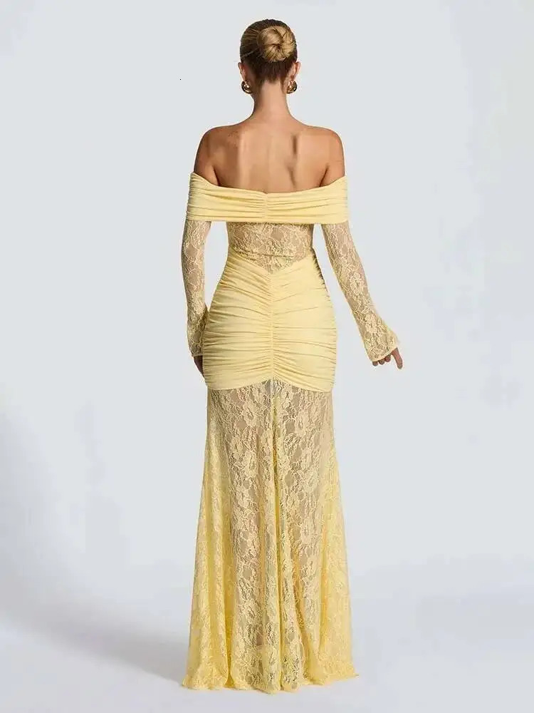 Townlike Pleated Slim Bodycon Maxi Long Dress Women Off Shoulder 2025 Autumn Winter Dress Lace Patchwork Sexy Party Dresses 251027