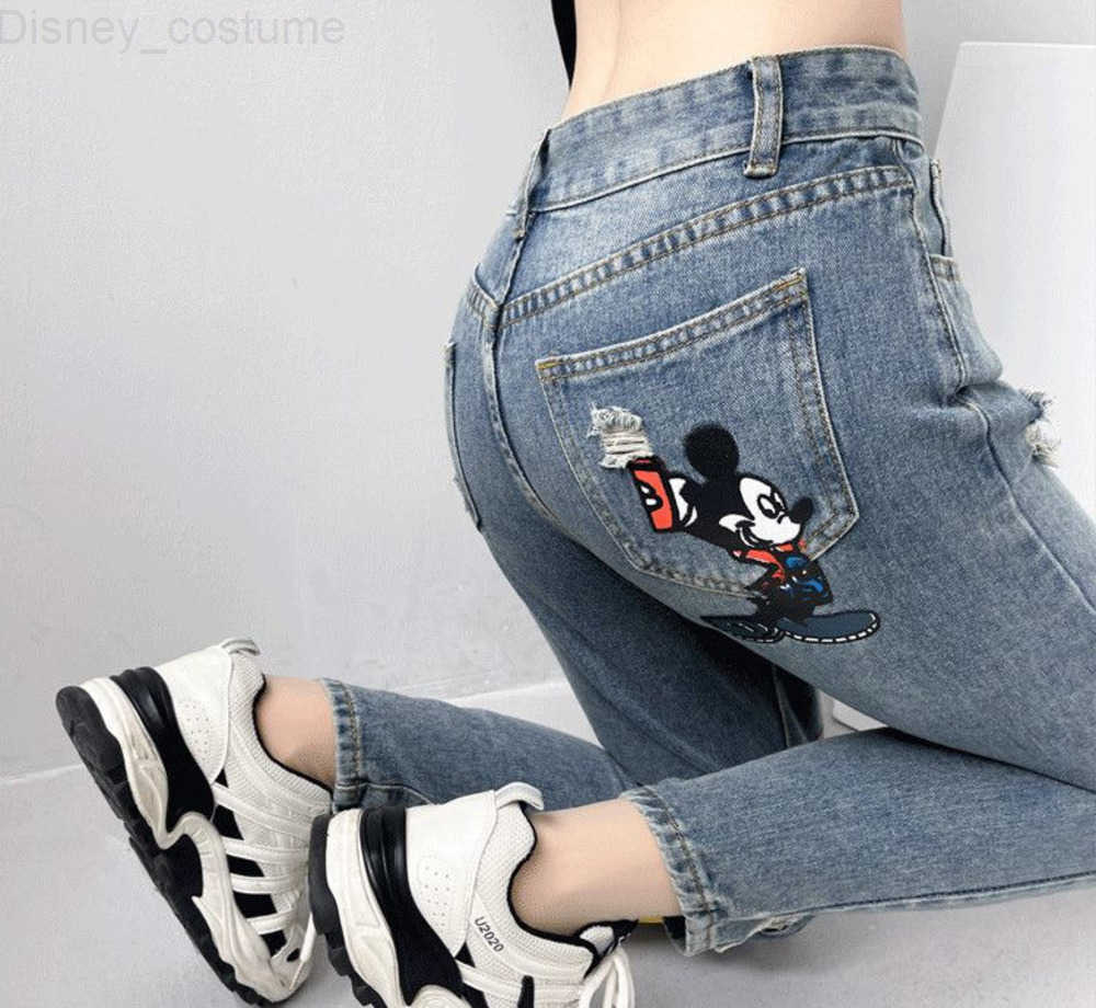 Disney Mickey Mouse Ripped Jeans Womens New Cartoon Print Loose High Waist Denim Pants Fashion Vintage Trend Casual Haren Pants H251027