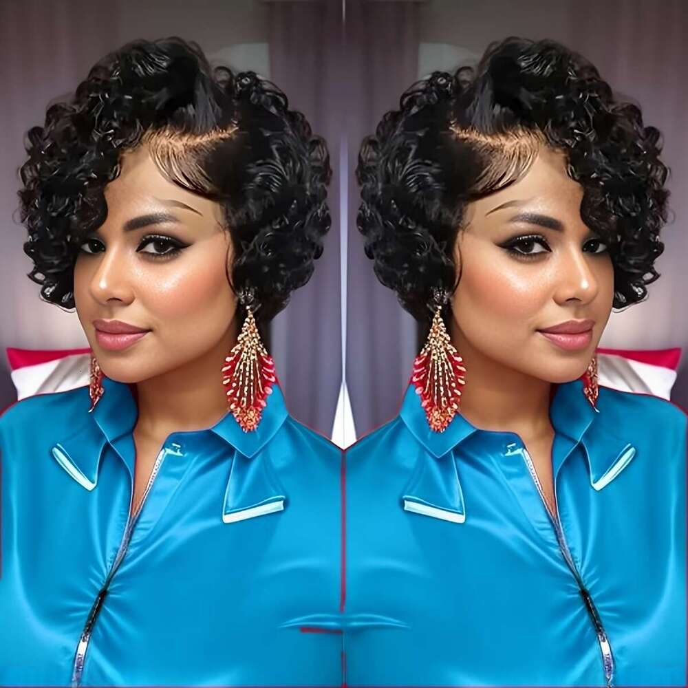 Women's Jerry Curl Remy Human Hair Wig 150% Density Pixie Cut With Transparent Frontal Lace 13X4x1, Pre-Plucked Hairline & Any Part Natural Look 
