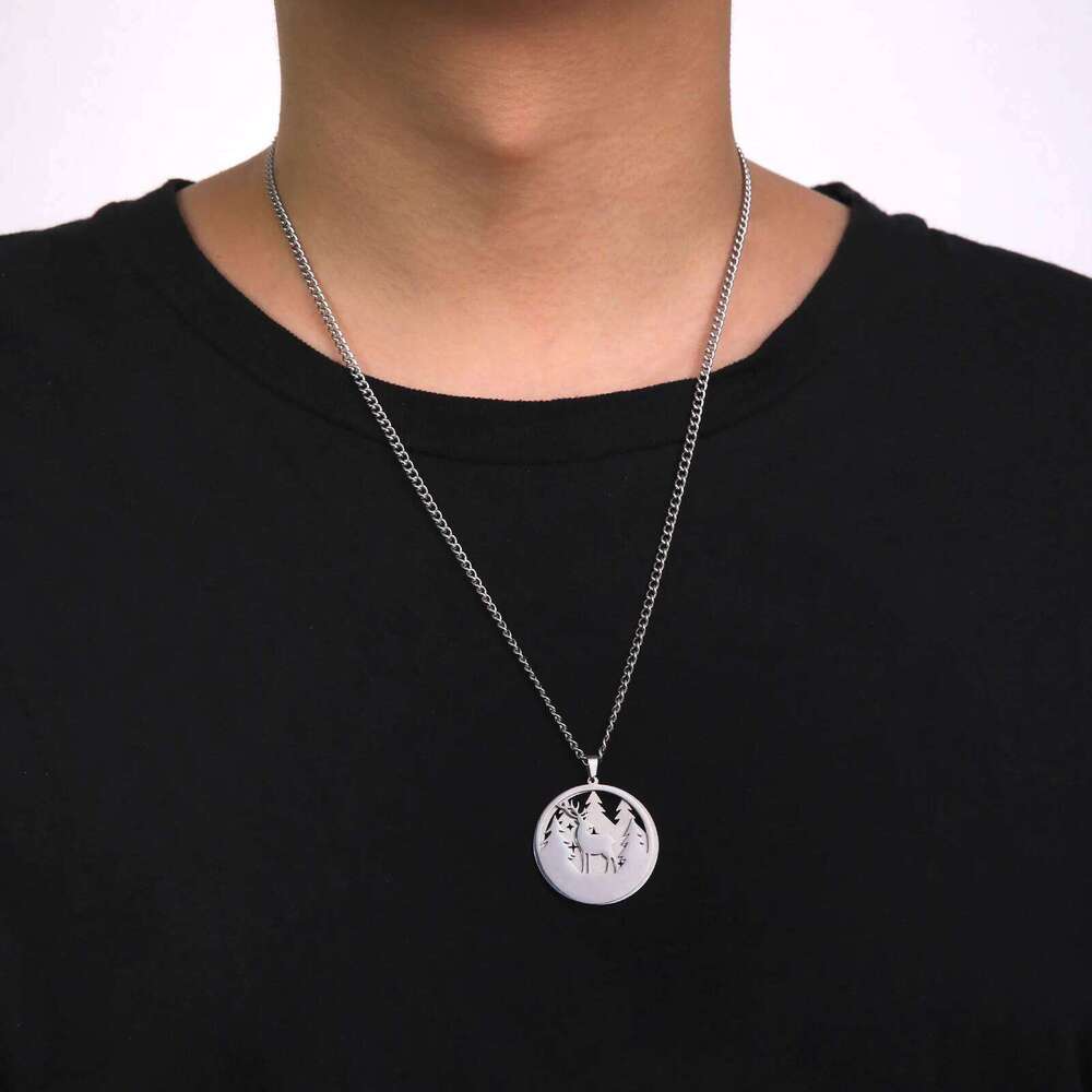 Lemegeton Snow Deer Necklace Stainless Steel Double Pendant Choker Neck Chain Forest Animal Jewelry Couple Christmas Day Gifts