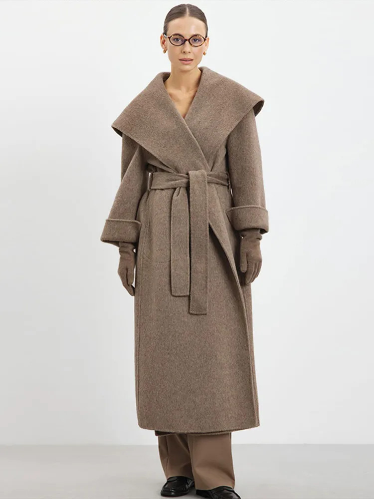 Elegant Large Collar Long Coat Women Retro Chic Loose Shawl Tweed Coats With Belt Female Winter Casual Street Outwear 251027