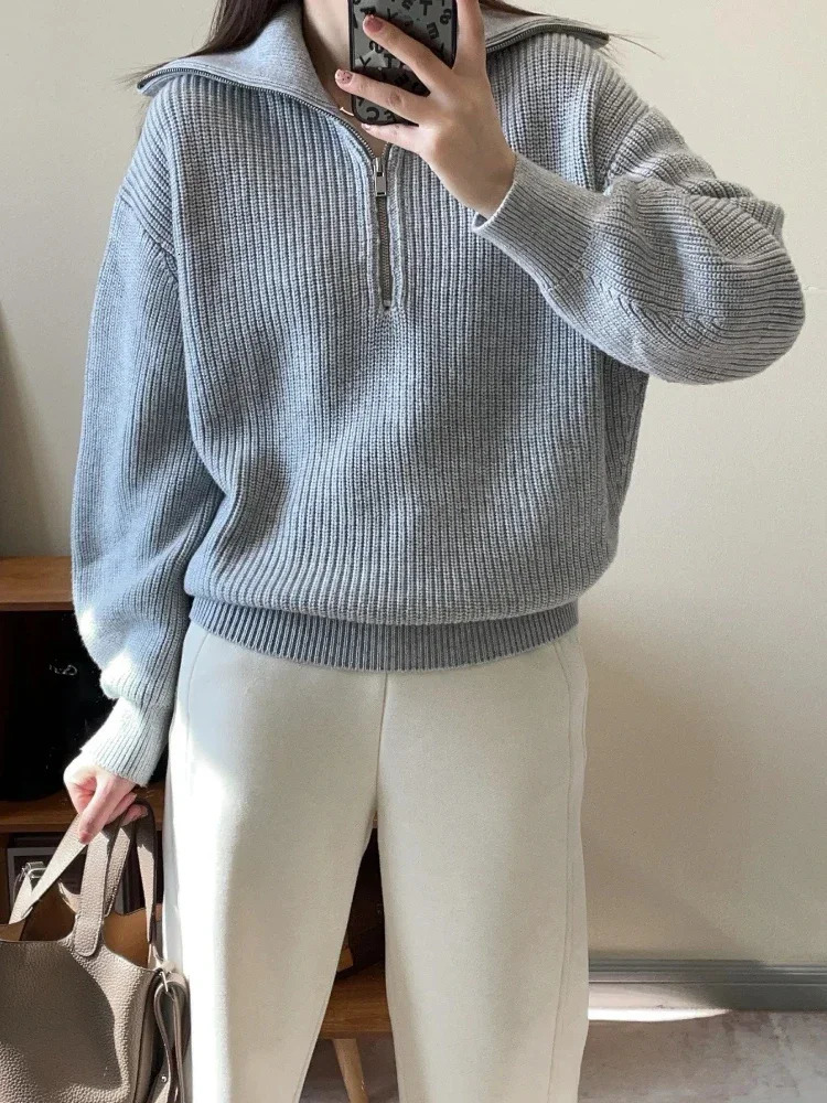 Autumn and Winter Womens Sweater Semizipper Casual Solid Color Knitwear Simple Loose Long Sleeves Pullover 251027