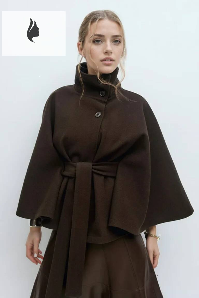 winter jacket women Faux Wool Blend Cloak Jacket Women StandNeck Three Button Wide Sleeves Belt Coats Female Autumn Solid Chic Fashion Outwears