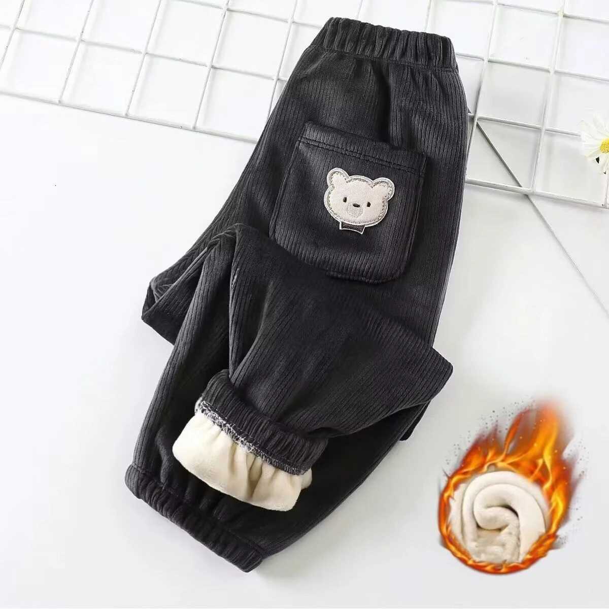 1pcs Boy Girl Winter Velvet Corduroy Kids Pants Little Bear Cartoon Mid Waist Warm Pantalones Baggy Thick Plush Children TrouserT251027