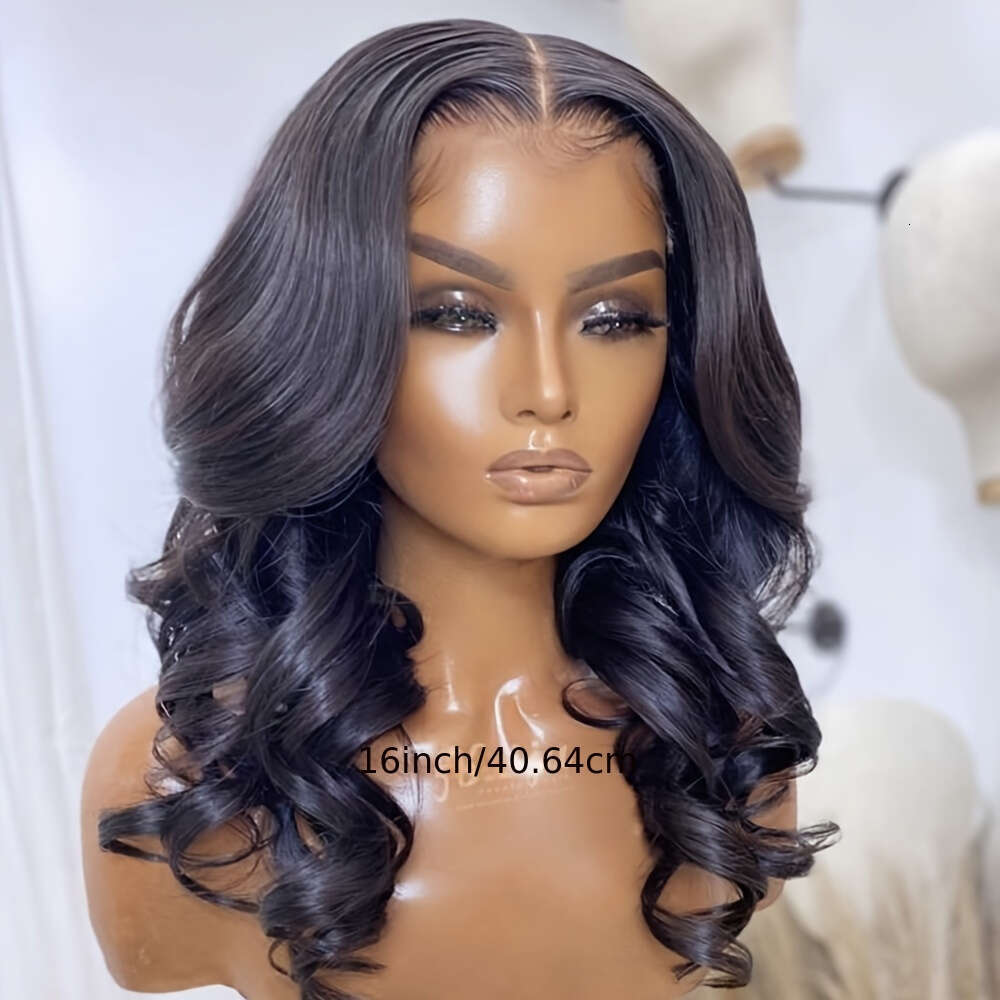 Short Wavy Bob Wigs Black Color Hair 13X4 Free Part 16 Inch Body Wave Synthetic Lace Front Wig Shoulder Length Glueless Pre Plucked For Women Daily Wo