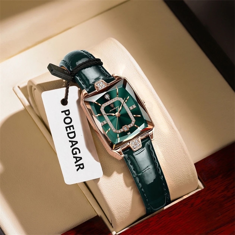 POEDAGAR Rectangle Womens Watches Waterproof Date Leather Woman Watch Elegant Fashion Quartz Women Wristwatch Reloj Gift 251027
