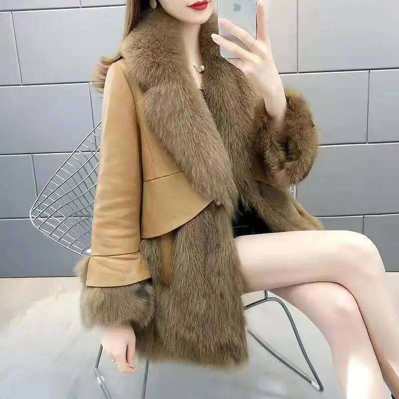 Mid-Long Faux Women Winter Pu Leather Splicing Outwear Ladies Long Sleeve Thicken Warm Fur Coat Puffer Jacket