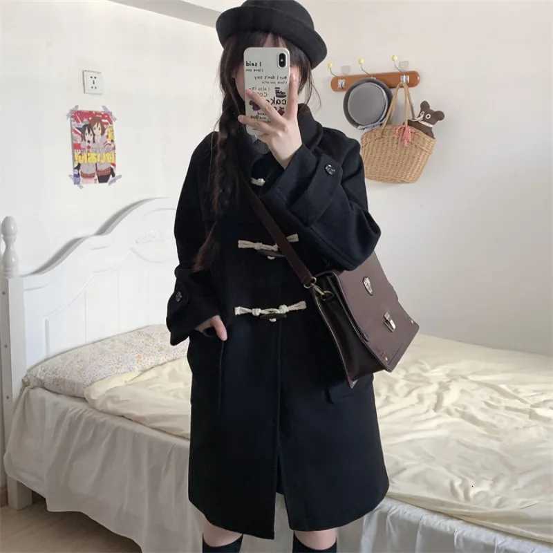 Wool Women Solid Trendy Horn Button Design Coats Korean Fashion Autumn Winter Simple Streetwear Harajuku Popular Students Mujer M251027