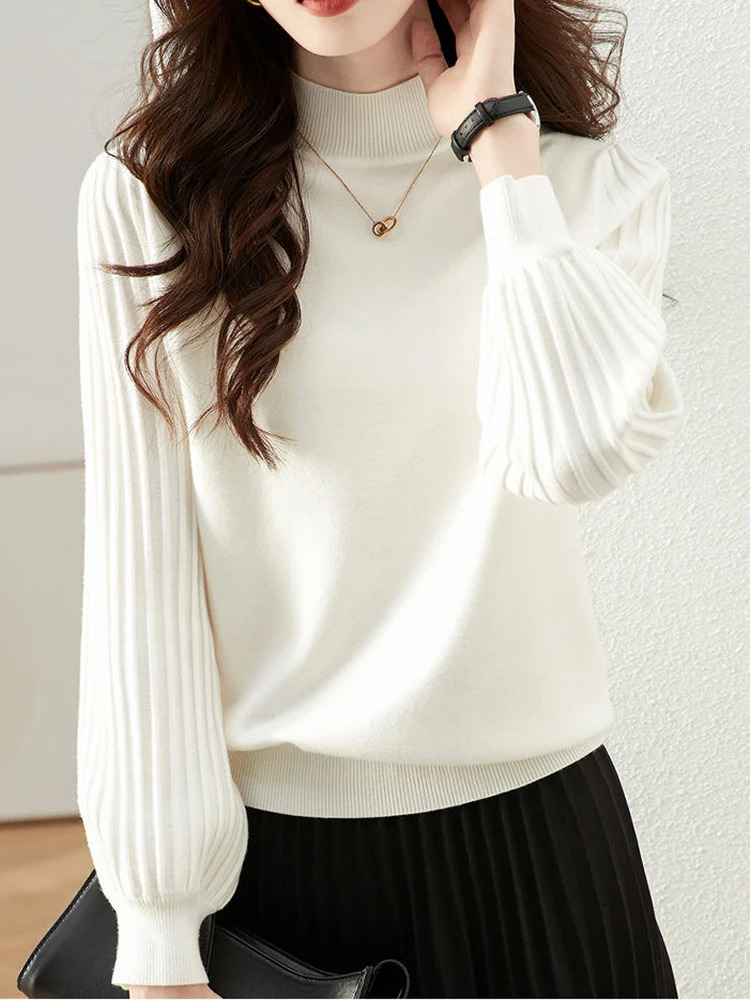 Women Half High Collar Base Sweater Autumn And Winter Casual Solid Knitted Tops Pit Stripe Long Sleeved Pullover Sweaters 251027