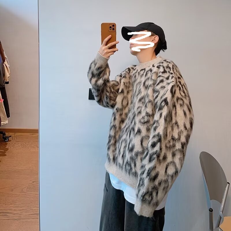 American High Street Leopard Print Sweater For Designer Sweater Men And Women Loose And Lazy Style Cool Street Hip-hop Style Warm Round Neck Knitted S