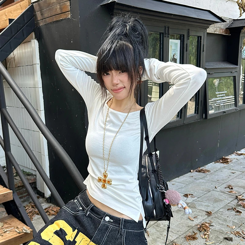 Tonngirls American Retro Print Tshirt Women Long Sleece Button Graphic Tops Y2k Tops 2000s Japanese Grunge Tops Egirls Autumn 251027