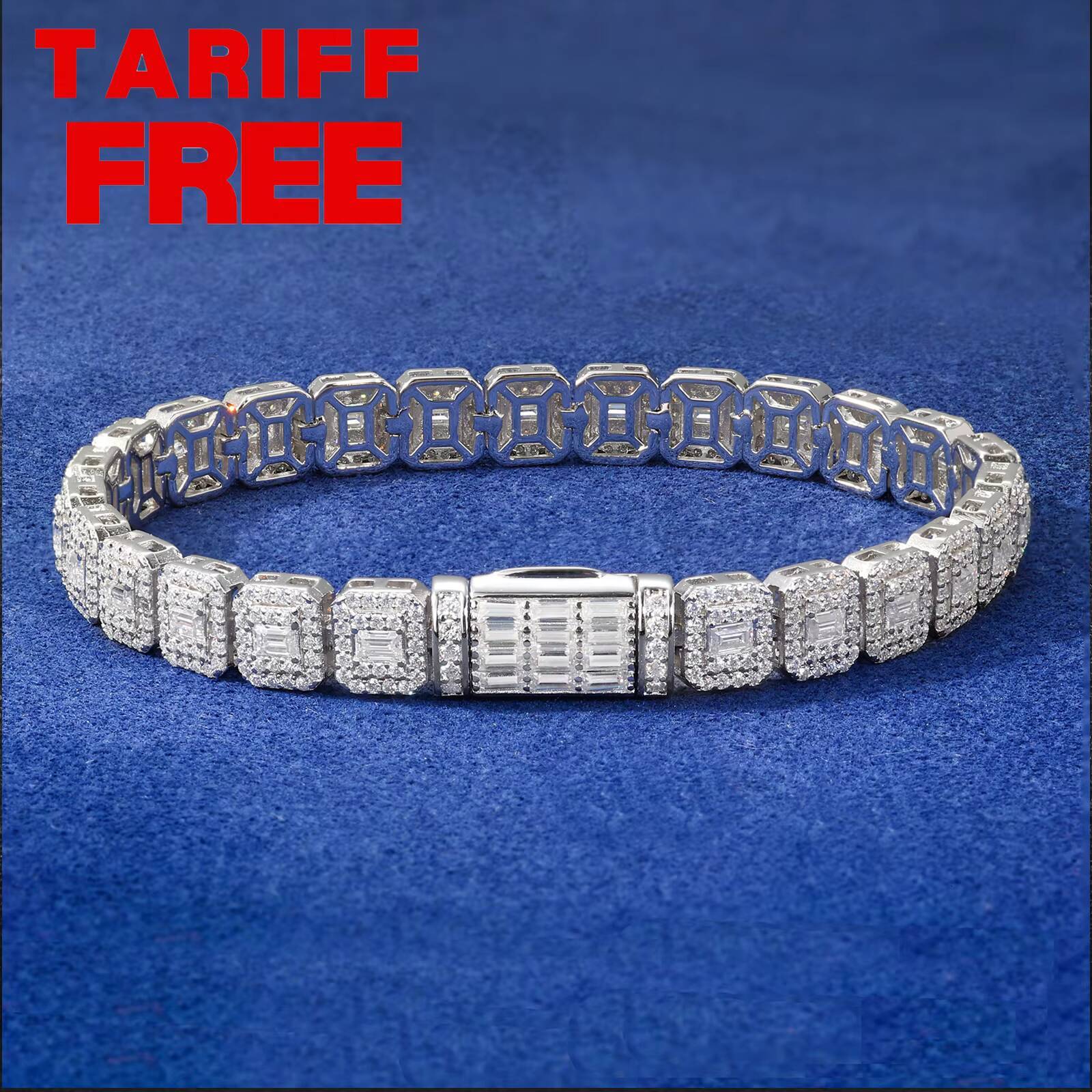 Hip Hop Jewelry 75mm White Gold 925 Silver Cluster VVS Baguette Moissanite Diamond Ice Out Tennis Bracelet for Men Women