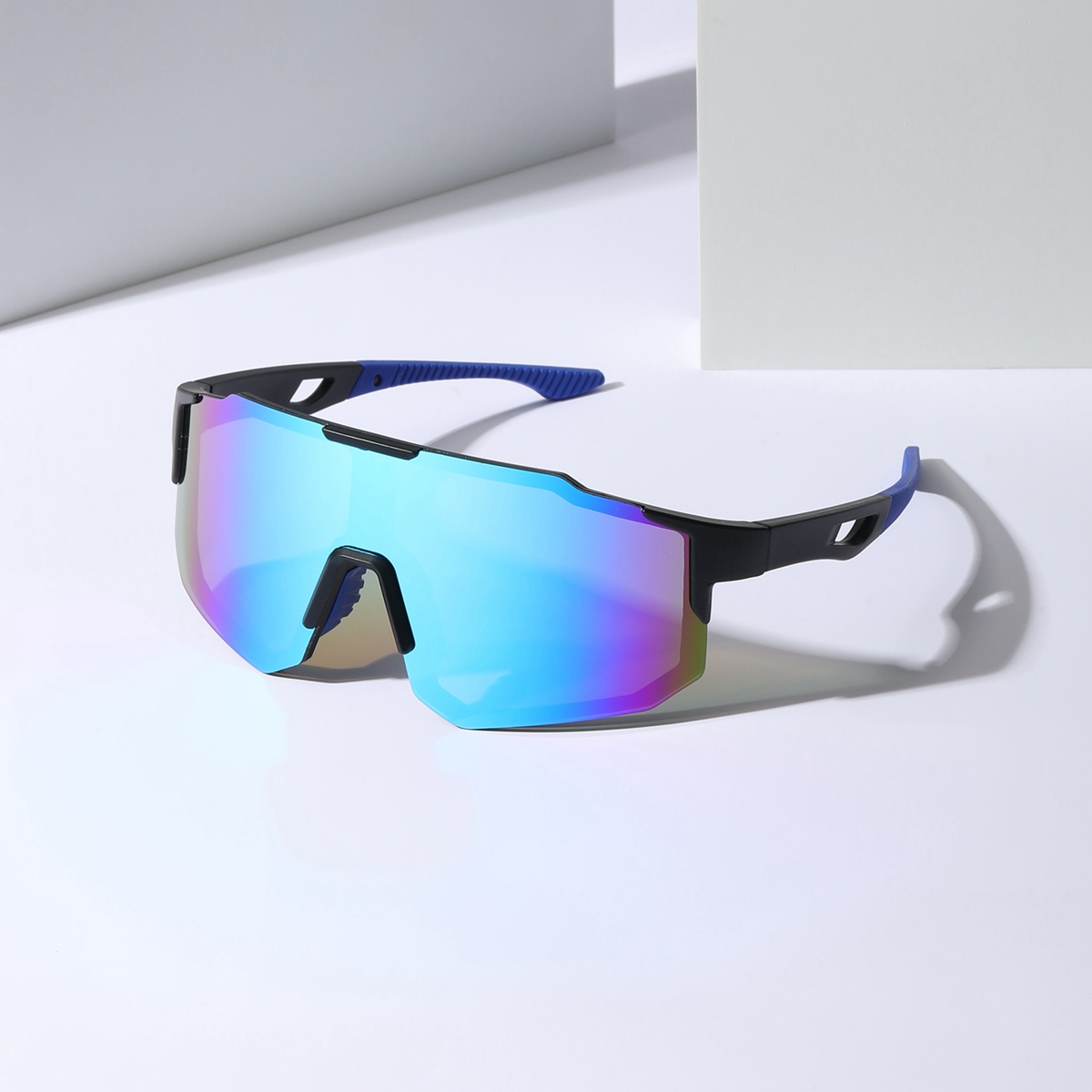 1 pair of men's mechanical-style sunglasses with futuristic, fashionable design featuring diverse shapes, mixed materials, and contrasting colors
