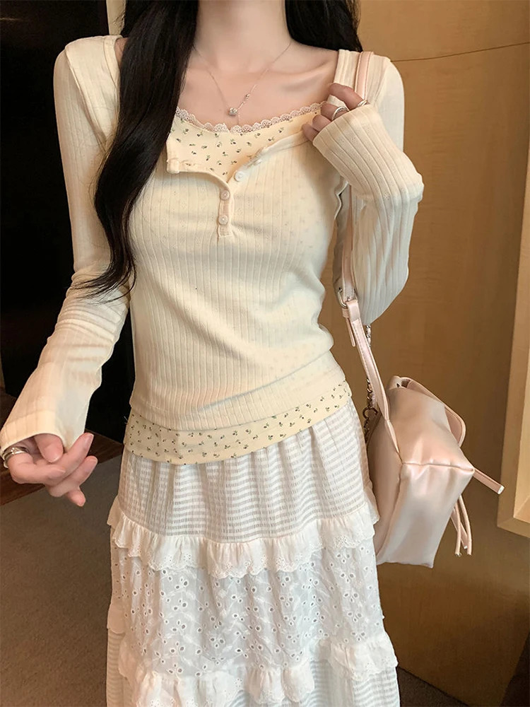 Floral Patchwork Long Sleeve Tshirt False Twopiece Lace Women Top 2025 Spring Slimming Tshirt Fashion Korean Style Clothing 251027