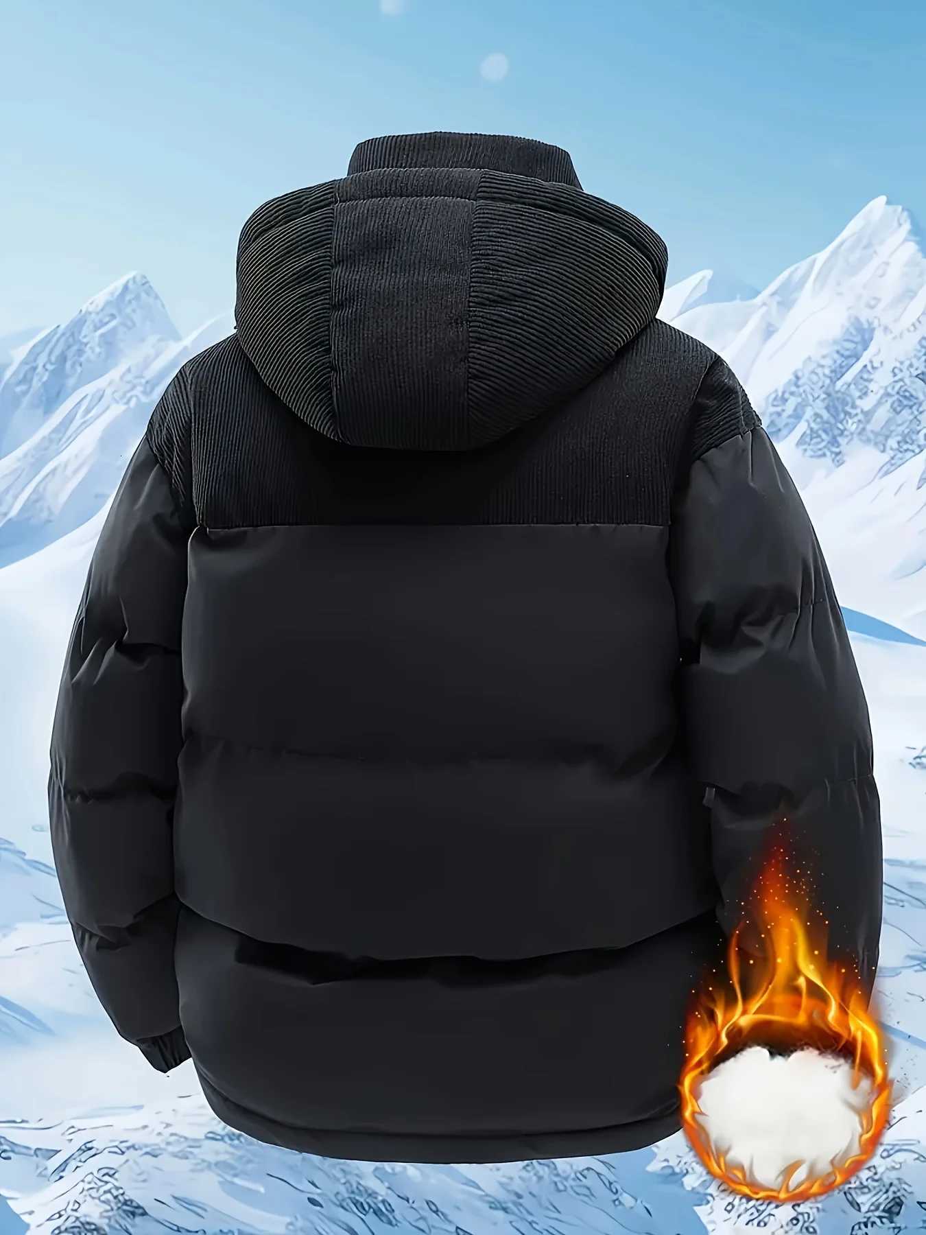 MenS Heavy-Duty Winter Jacket - Full-Zip Hooded Coat with Zippered Pockets Non-Stretch Fabric for Cold WeatherT251107