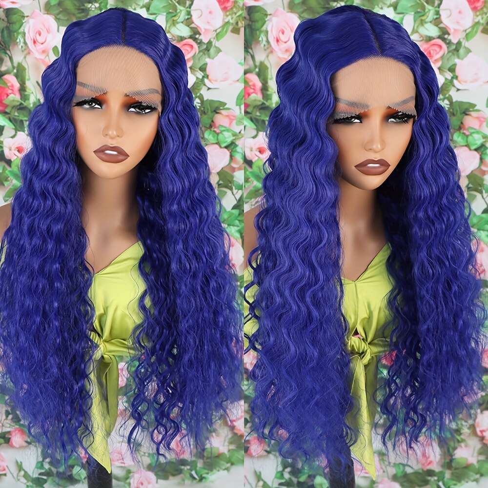 Stunning Dark Blue Loose Curly Front Wig For Women - Pre-Plucked, Glueless, Heat Resistant Synthetic Hair, 180% Density, 13*4*1 Lace Coverage, Versati