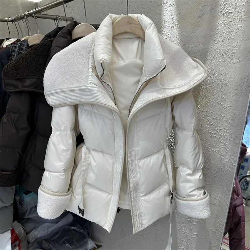 Lamb Wool Spliced Cotton Jacket With Belt Womens Autumn Winter Stand Collar Thick Short Outwear Long Sleeved Warm Coat 251027