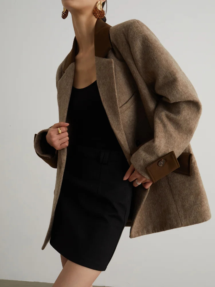 Panelled Patchwork Pockets Woolen Overcoat Women Vintage Turndown Collar Long Sleeve Double Breasted Coats Autumn Lady Tops 251024