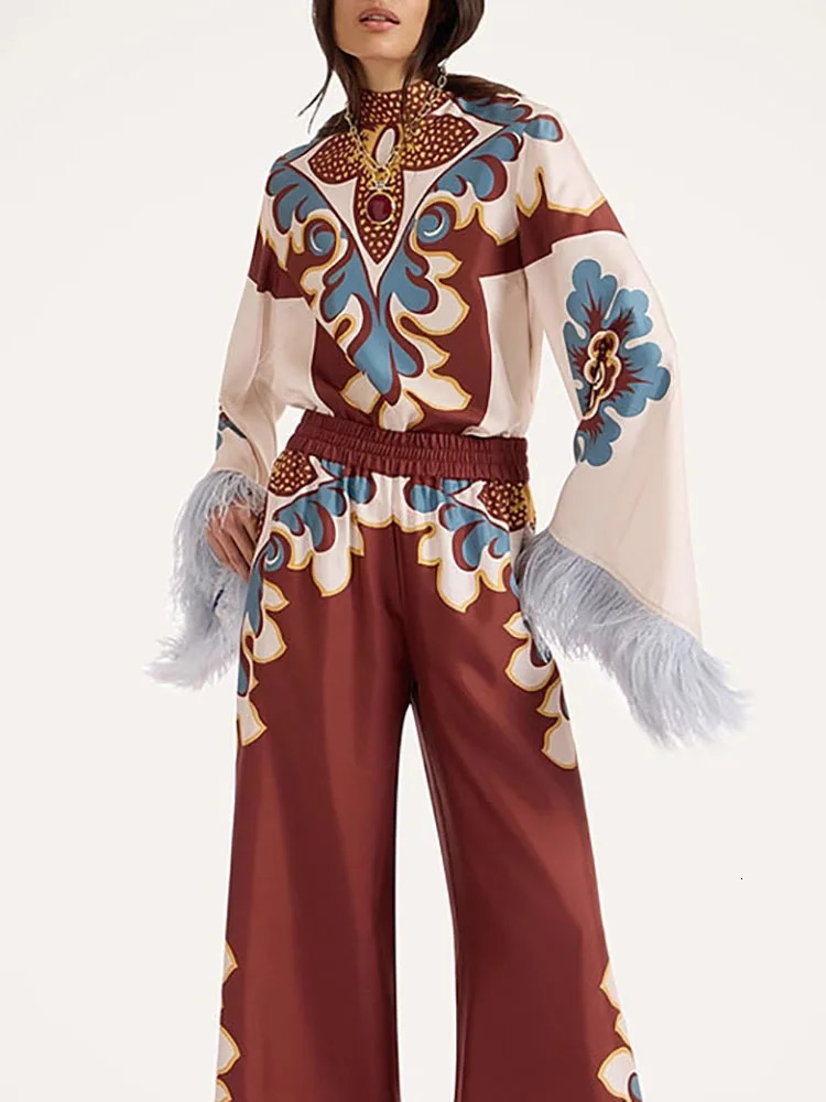 Tassel Splicing Bohemian Holiday Suit Spring Autumn Pattern Printed Loose Outfit Womens Oneck Long sleeved Top and Pants Set 251027