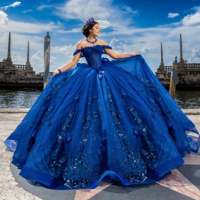 Royal Blue Quinceanera Dresses Off The Shoulder Applique Flower Beading Crystal Bow Corset Tull Party Birthday Sweet 16 Dress