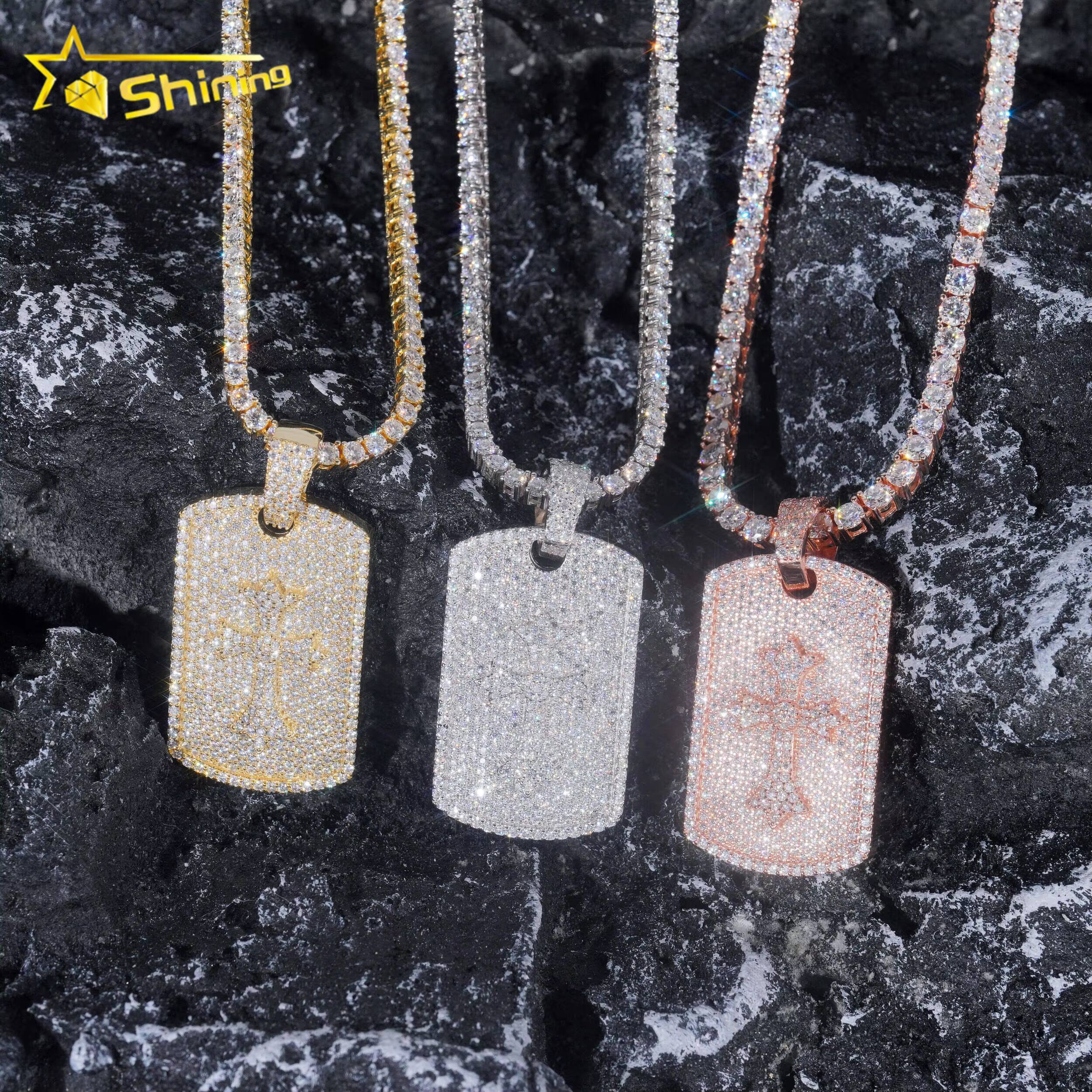 Hot Sale RTS Cross Tag Charm Necklace 925 Sterling Silver VVS Moissanite Pendant Iced Out Diamond Pendant Fine Jewelry