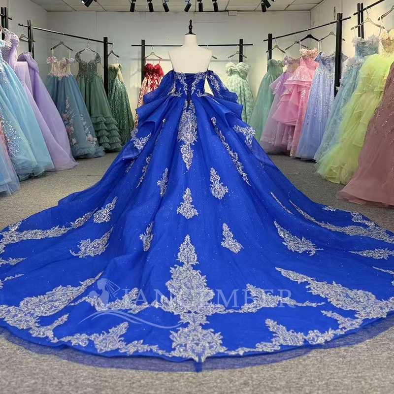 Royal Blue Shiny Quinceanera Dresses Off The Shoulder Applique Lace Beading Crystal Tull Puff Sleeve Party Birthday Sweet 16 Dress Vestidos 15 De Anos