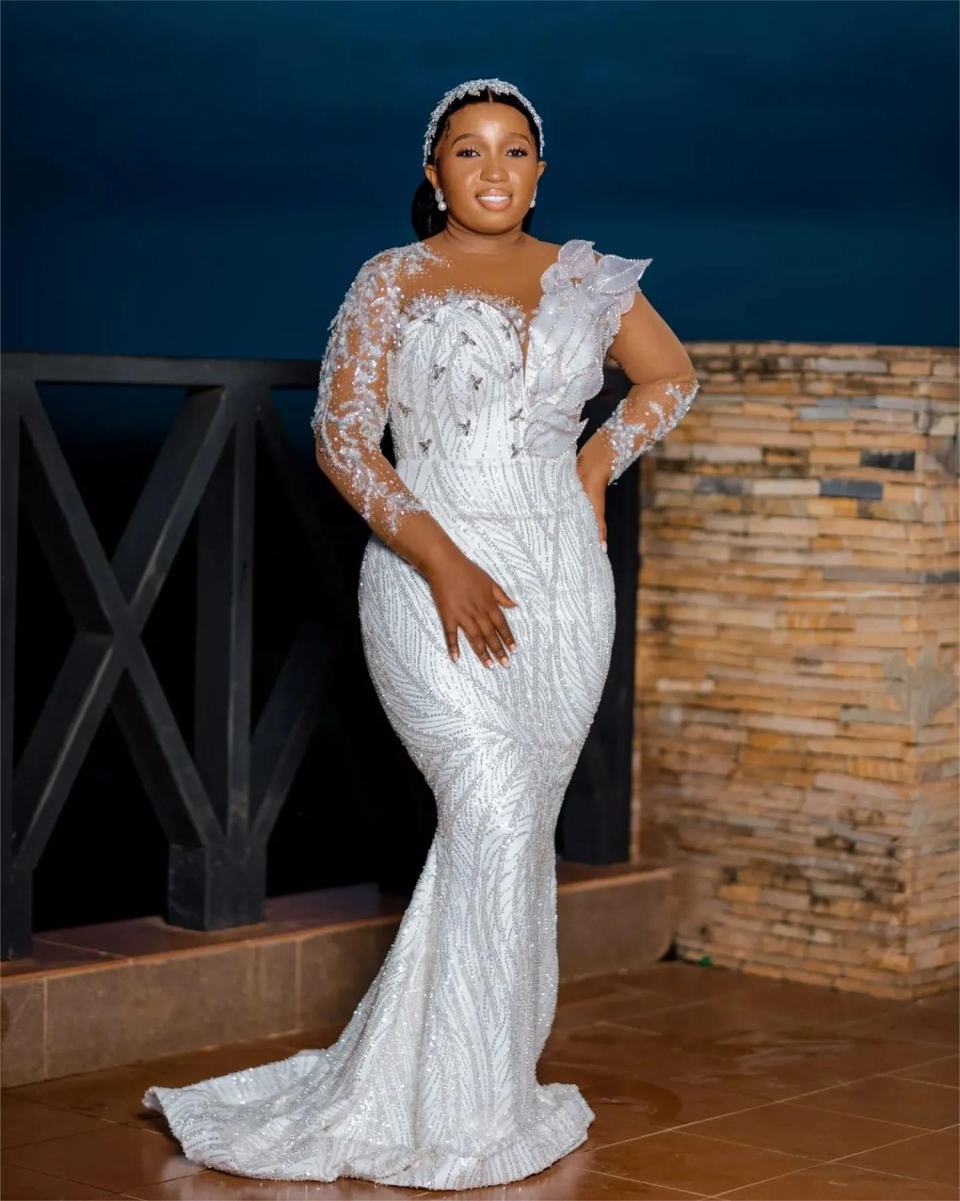 Aso Ebi Mermaid Wedding Dress in White with Florals Beaded Crystals Sequined Lace and Stunning Design