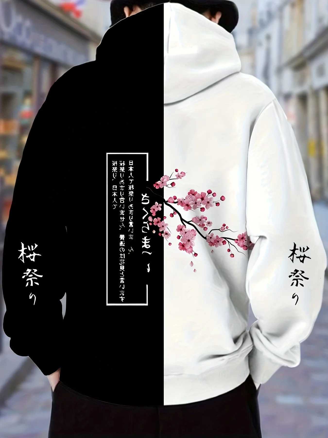 Japanese Streetwear Mens Cherry Blossom Hoodie SpringAutumn Long Sleeve Casual Top Trendy Print Side Pockets W251027