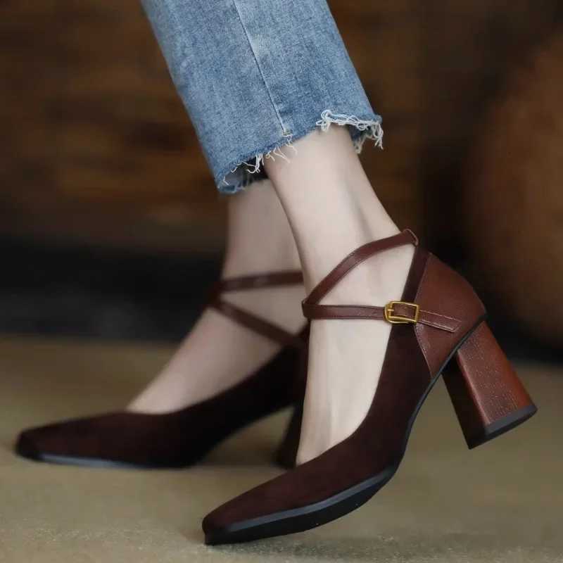 Spring and Autumn New Fi Square Toe Thick Heel Matte Sexy Trendy Cross Buckle Womens ShoesXJ251027