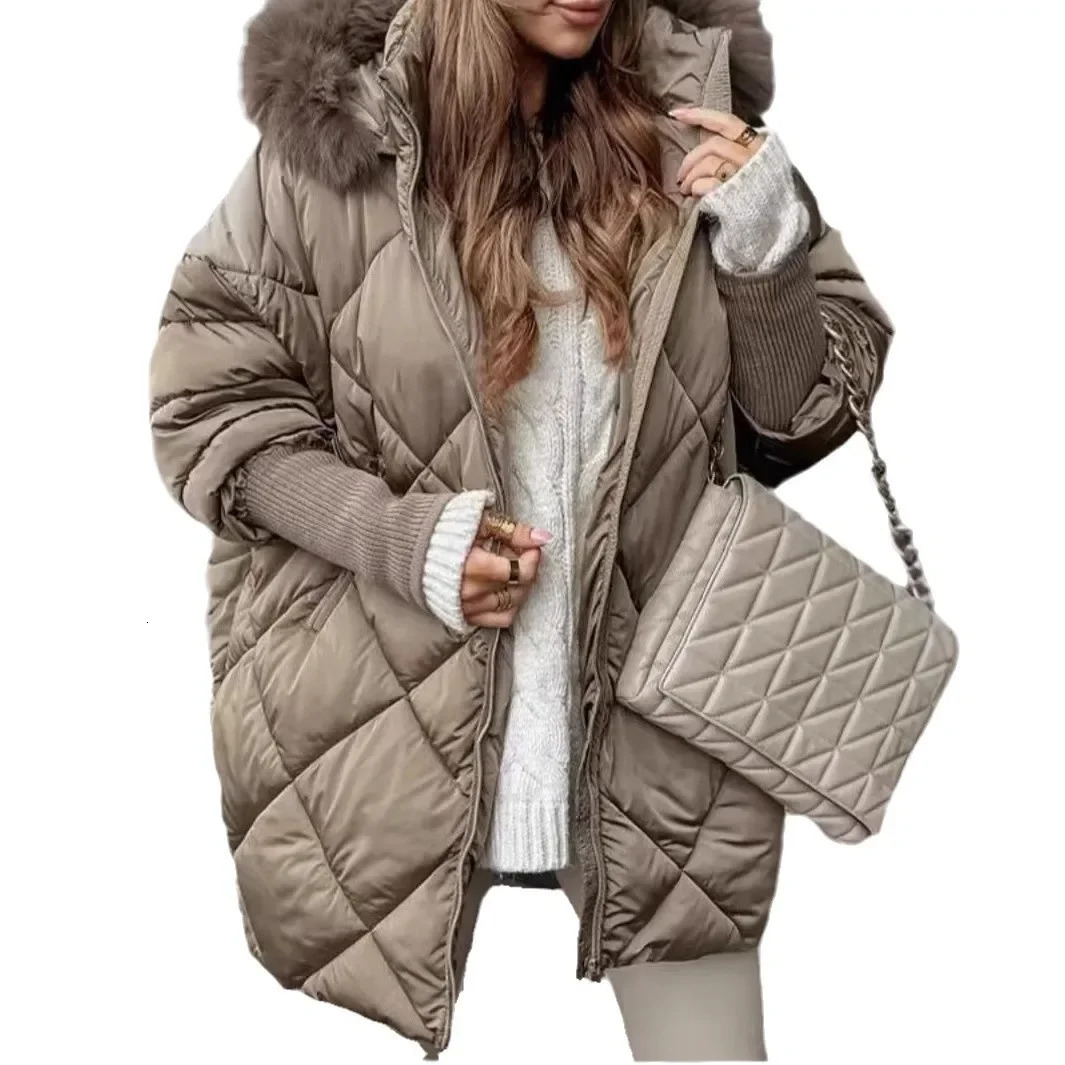 Hooded Cotton Winter Coat Women Street Fur Collar Overcoat Casual Thickened Zipper Warm Jacket Female Parka Tops Outerwear 251027