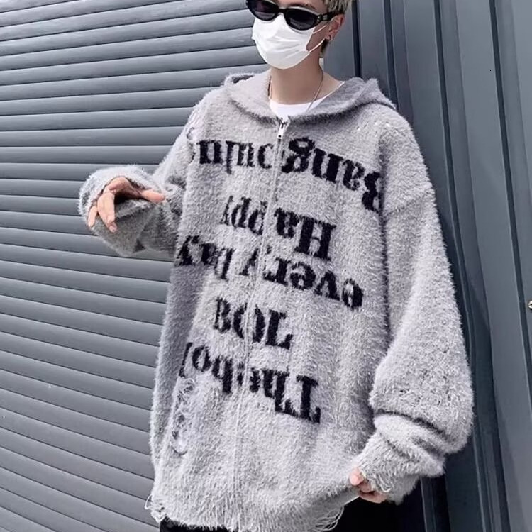 American Style Designer Sweater Lazy Ripped Hooded Knitted Cardigan Sweater Unisex High Street Loose Couple Zipper Fuzzy Coat