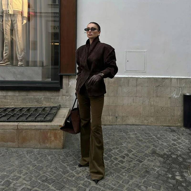 winter jacket women Fashion Dark Color Suede Fabric Stand Up Collar Jacket Women Causal Waist Cinched Broad Shoulder Coat Autumn High Street Outwear