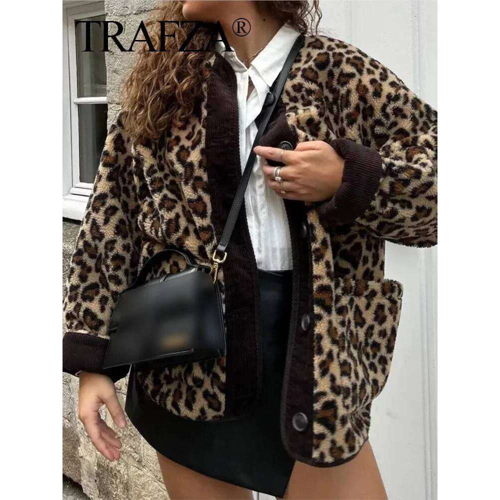 HH Women Winter Fleece Leopard Print Loose Jacket Vintage O-Neck Long Sleeves Y2k Female Casual Fuzzy Coat Outwears