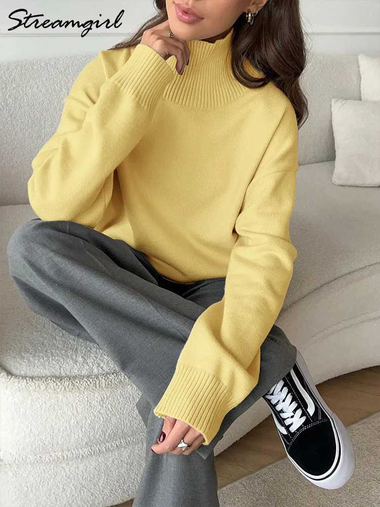 Brown Turtleneck Sweater Women Pullovers Autumn Oversized Butter Yellow Sweaters Thick Turtle Neck Knit Baggy Sweater For LadiesT251027