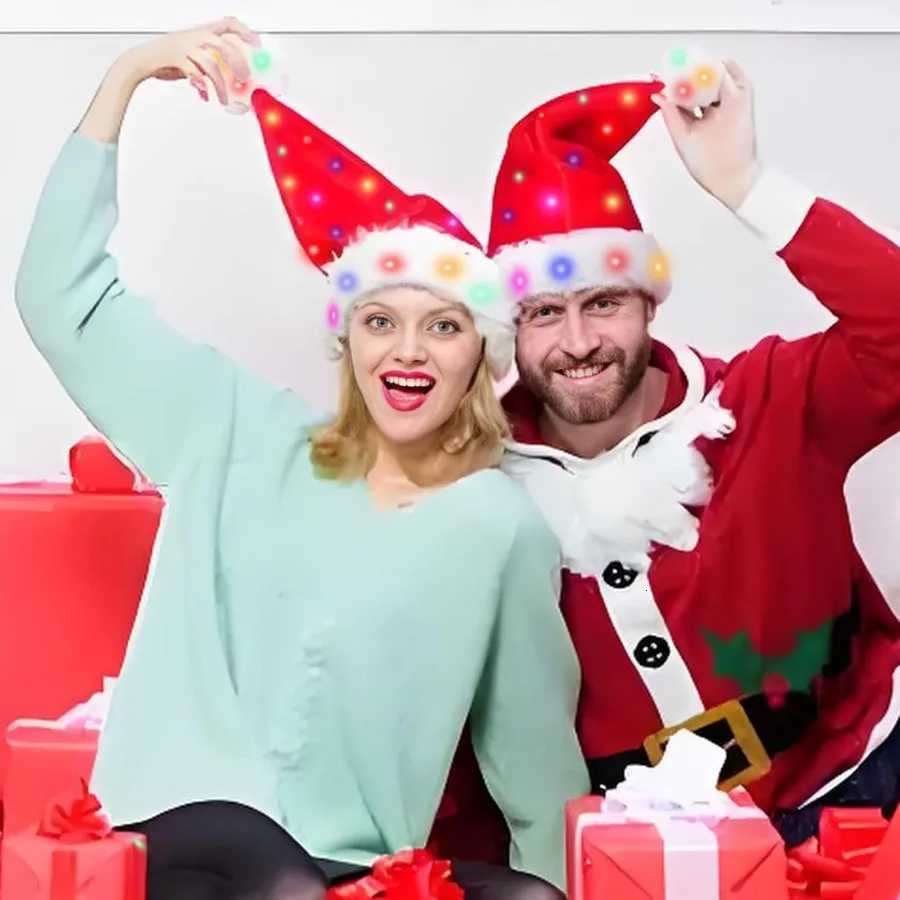 Light Up Christmas Santa Hat Red Velvet Xmas Costume Hats for Adult Women Men Party Holiday Unisex New Year Festive Headwear wiW251027