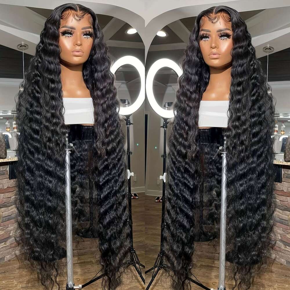 200% Density Frontal Long Deep Wig Synthetic Heat Resistant Fiber Hair Premium Curly Natural Black 13*4 Hairpiece For Women With HD Transparent Lace W